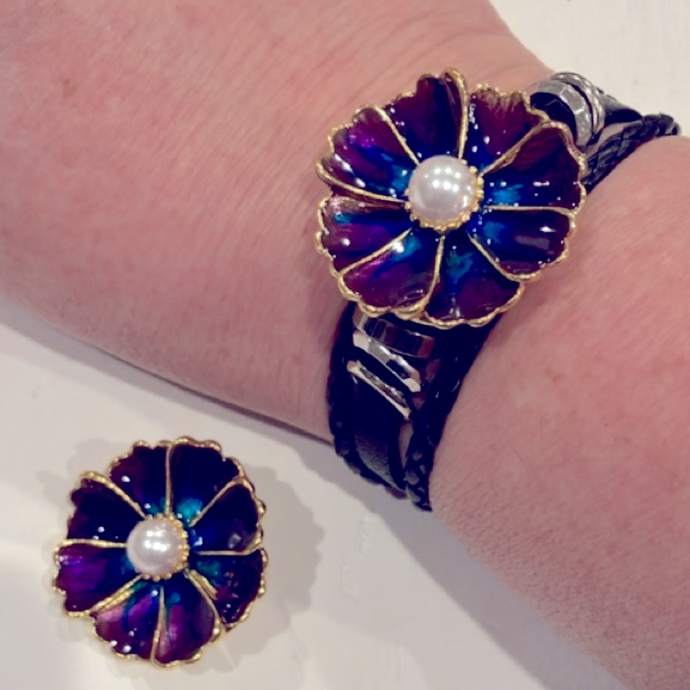 Purple Flower & Black Leather Snap Bracelet